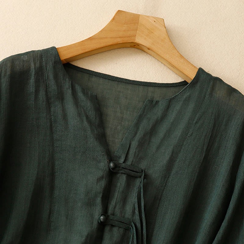 Casual Women's V-Neck Design Half Bell Sleeve Cotton Linen Cardigan Shirt