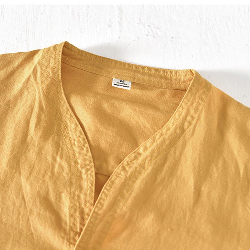 Summer Stand Collar Short Sleeve Cotton Linen Half Button Men's Shirt