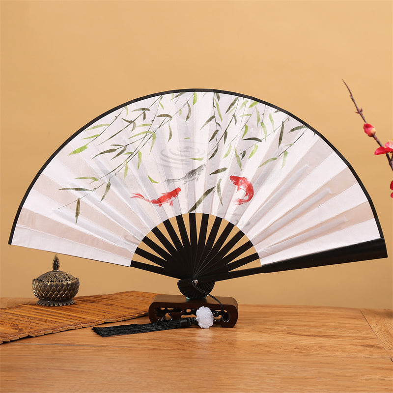 Dragon Phoenix Tiger Crane Eagle Wolf Koi Fish Handheld Folding Fan Lotus Tassel Fan