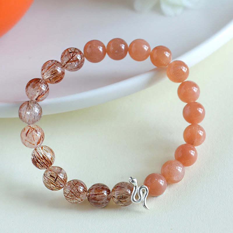 Natural Sun Stone Super Seven Crystal Silver Sheen Obsidian Rutilated Quartz 925 Sterling Silver Year Of The Snake Positive Bracelet