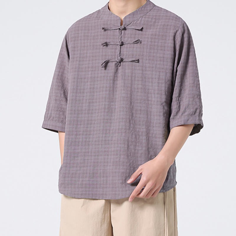 Frog-Button Plaid Pattern Chinese Tang Suit Half Sleeve Shirt Cotton Linen Men Clothing