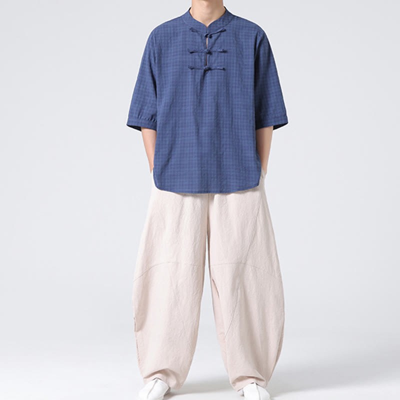 Frog-Button Plaid Pattern Chinese Tang Suit Half Sleeve Shirt Cotton Linen Men Clothing