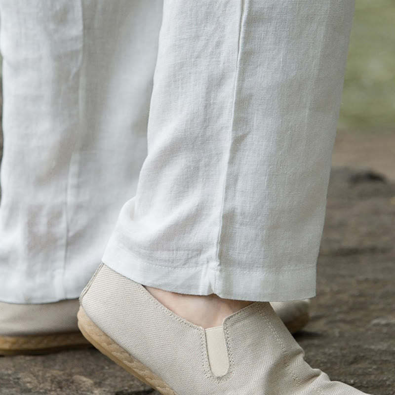 Solid Color Linen Men's Wide Leg Pants With Pockets