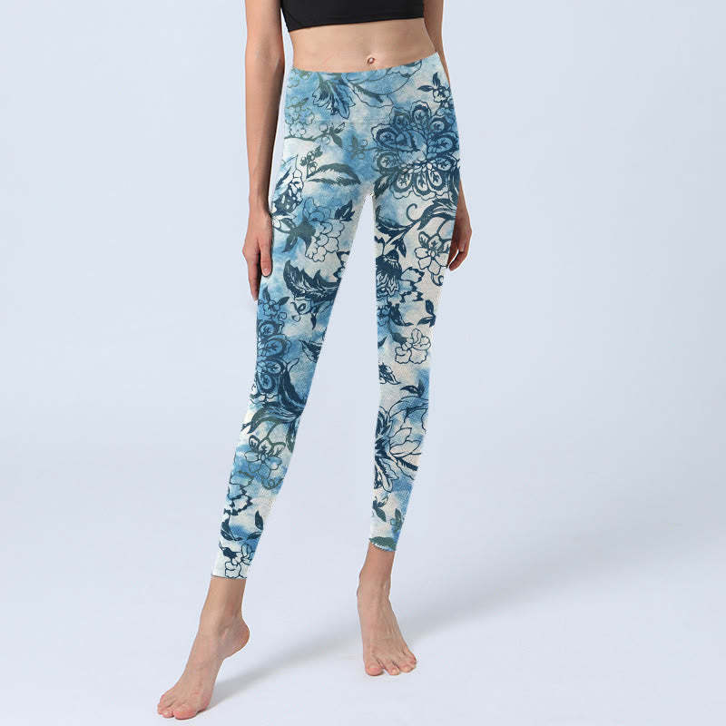 Peony Chrysanthemum Print Gym Leggings Women's Yoga Pants