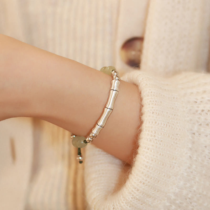925 Sterling Silver Natural Jade Fu Character Bamboo Abundance Bracelet