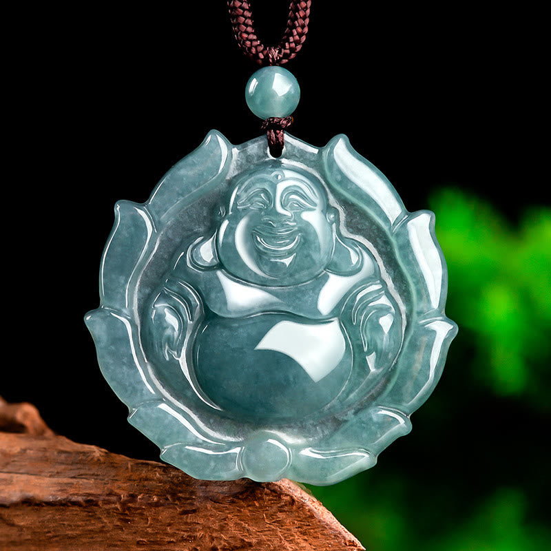 Natural Jade Laughing mystic zen Lotus Pattern Luck Necklace Pendant