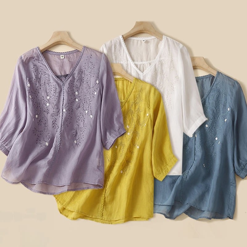 Summer Casual Flower Branches Embroidered Pattern V-Neck Half Sleeve Cotton Linen Women's T-shirt