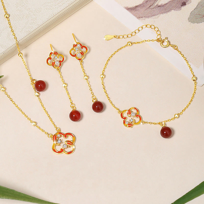 925 Sterling Silver Four Leaf Clover Koi Fish Red Agate Pearl Wealth Bracelet Necklace Pendant Earrings Set
