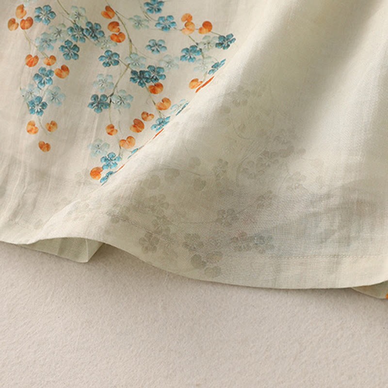 Blue Flowers Orange Leaves Frog-Button Three Quarter Sleeve Cotton Linen Shirt