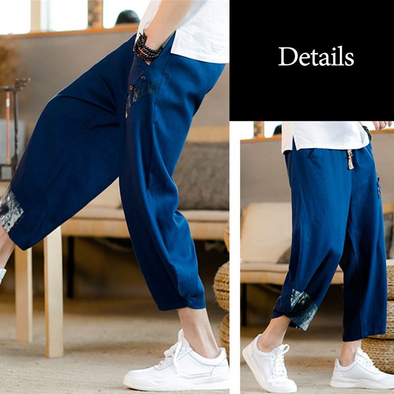 Patchwork Design Drawstring Cotton Men's Cropped Pants With Pockets