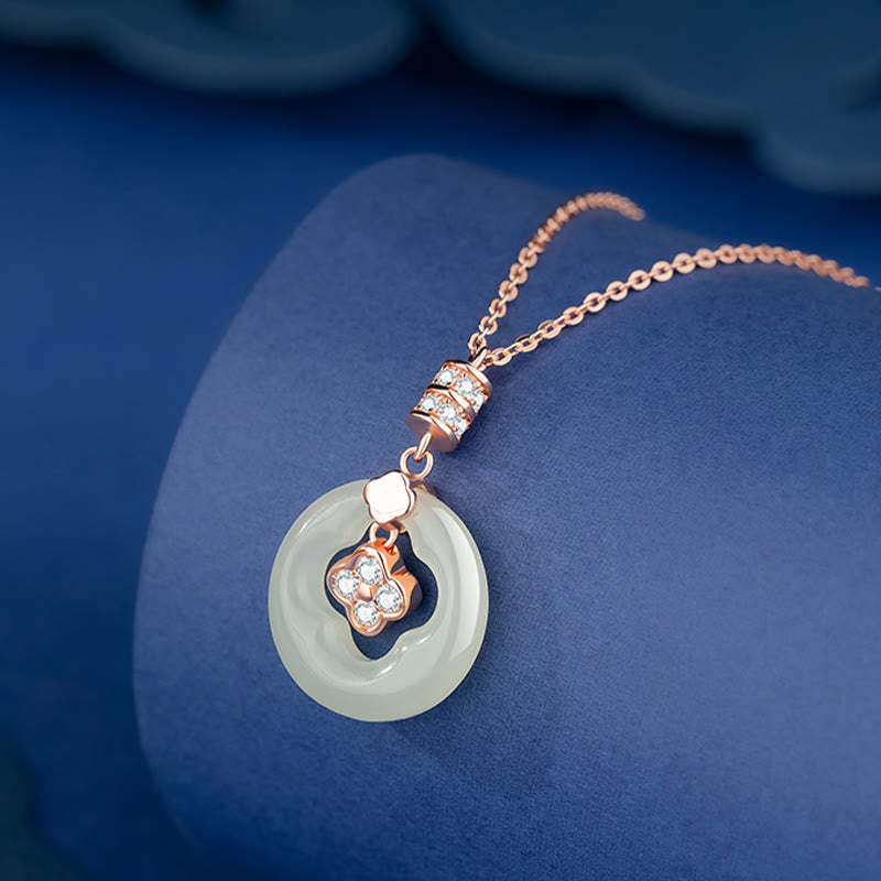 925 Sterling Silver Natural Hetian Jade Lucky Four Leaf Clover Zircon Necklace Pendant With Gift Box