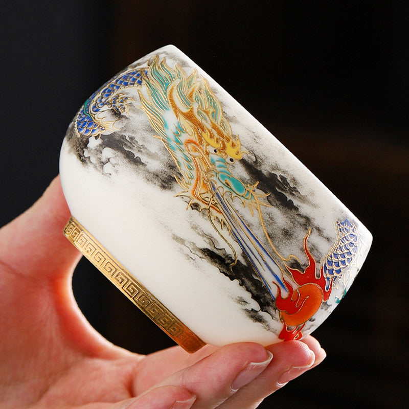 Dragon Playing With Pearl Design White Porcelain Ceramic Teacup Kung Fu Tea Cup 160ml