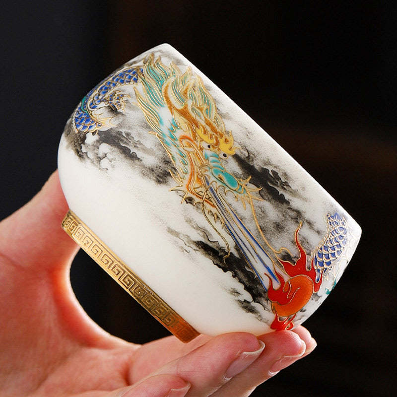 Dragon Playing With Pearl Design White Porcelain Ceramic Teacup Kung Fu Tea Cup 160ml