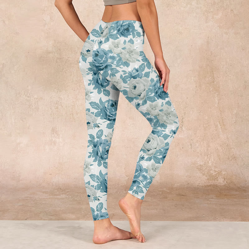 Green White Flower Gym Leggings Women's Yoga Pants