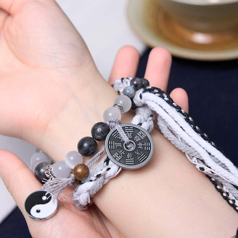 Black Glitter Stone Cat's Eye Yin Yang Mountain Ghosts Spend Money Power Double Layer Rope Bracelet