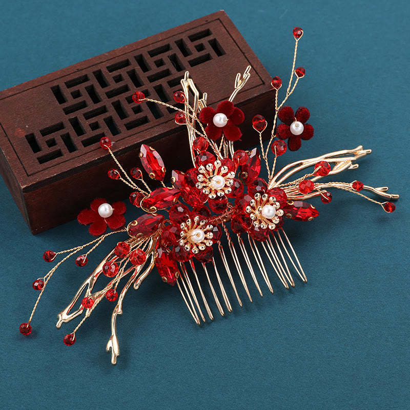 Chinese Wedding Golden Red Flower Branche Hair Comb