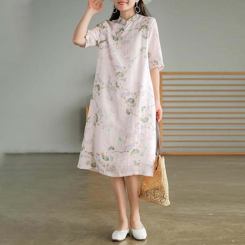 Frog-button Leaves Branches Midi Dress Cotton Linen Short Sleeve Dress With Pockets