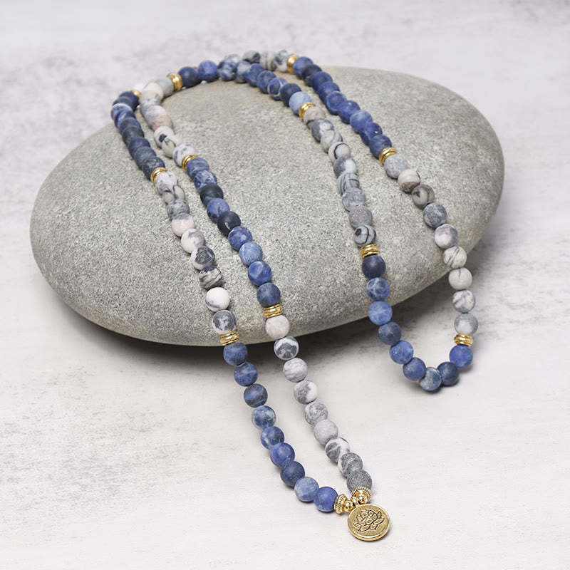108 Natural Picasso Jasper & Blue Stone Mala Bead Lotus Pendant Bracelet