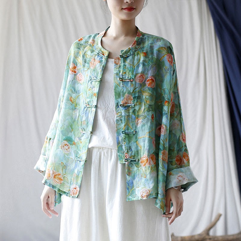 Pink Flowers Green Leaves Print Frog-button Design Long Sleeve Ramie Linen Jacket Shirt