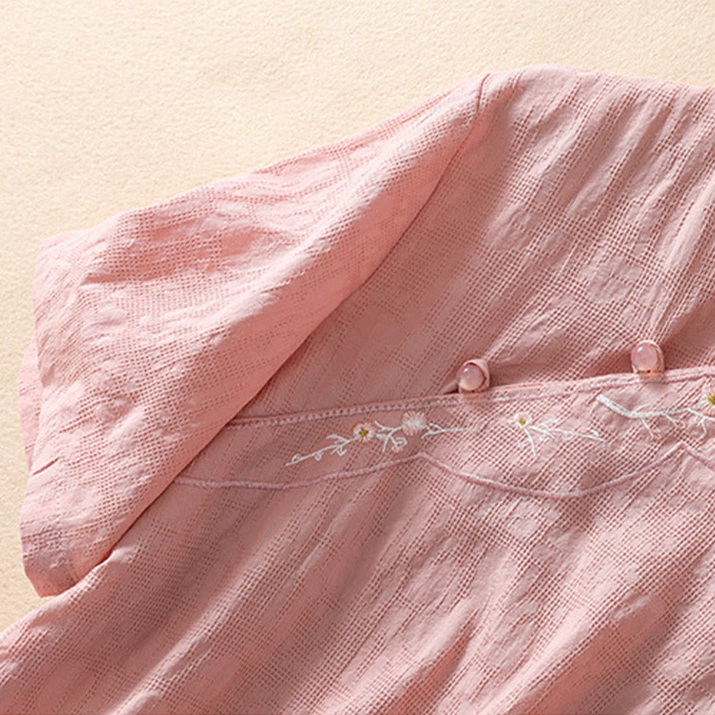 Plum Blossom Embroidery Frog-Button Short Sleeve Cotton Linen Shirt