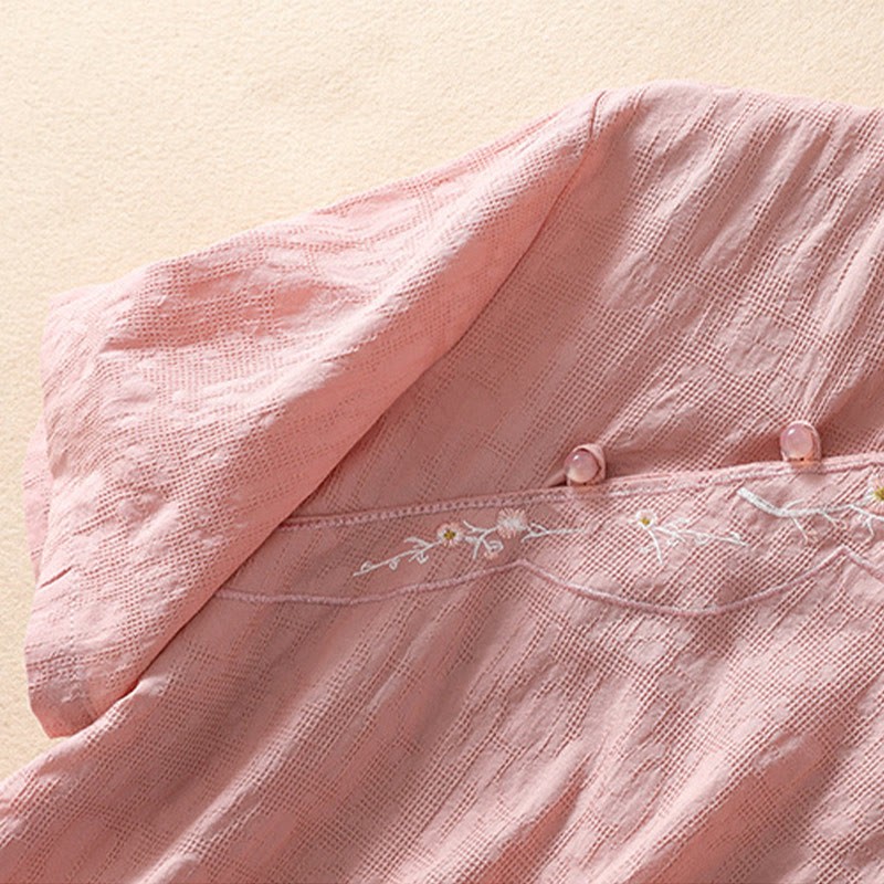 Plum Blossom Embroidery Frog-Button Short Sleeve Cotton Linen Shirt