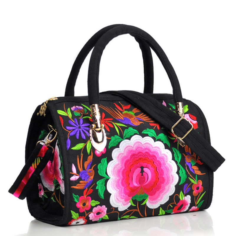 Money Tree Peony Camellia Double-Sided Embroidery Canvas Shopping Purse Handbag Crossbody Bag