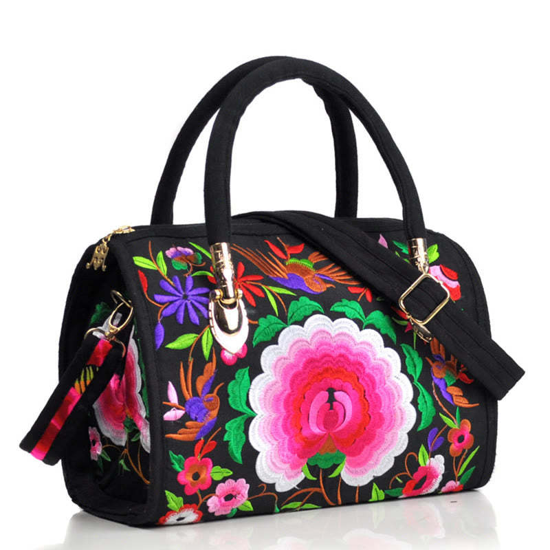 Money Tree Peony Camellia Double-Sided Embroidery Canvas Shopping Purse Handbag Crossbody Bag