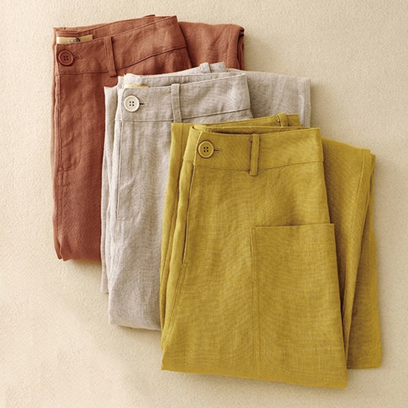 Summer Simple Design Ankle-Length Cotton Linen Women's Wide Leg Pants With Pockets Zipper
