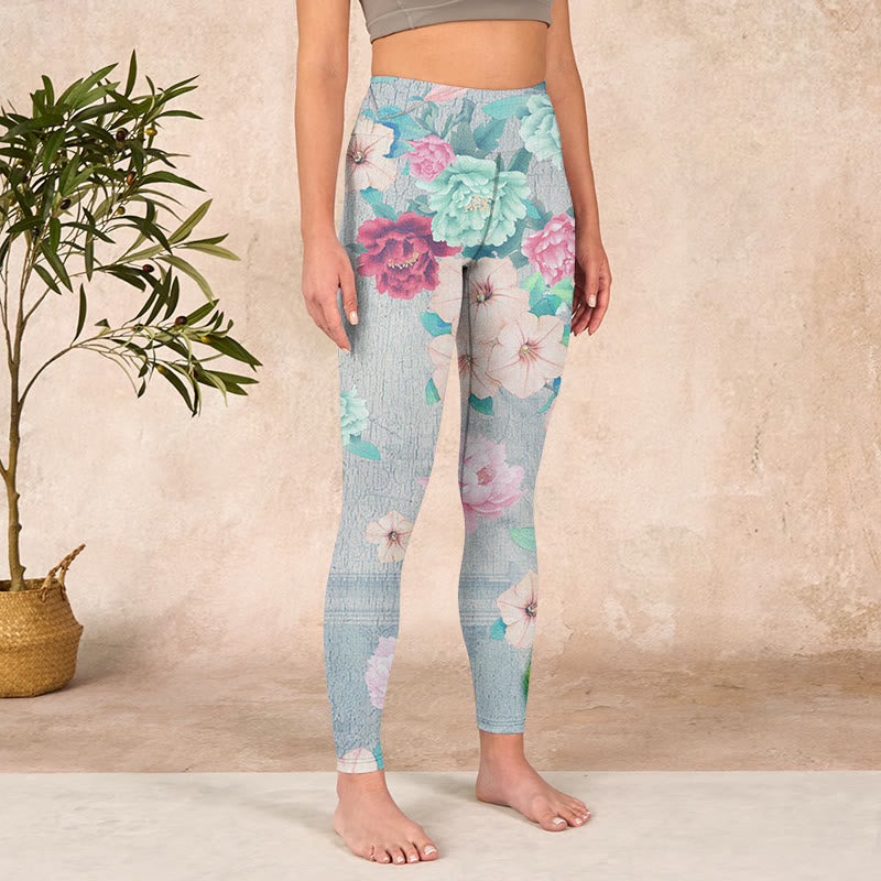 Colorful Peony Flowers Print Gym Fitness Leggings Women's Yoga Pants