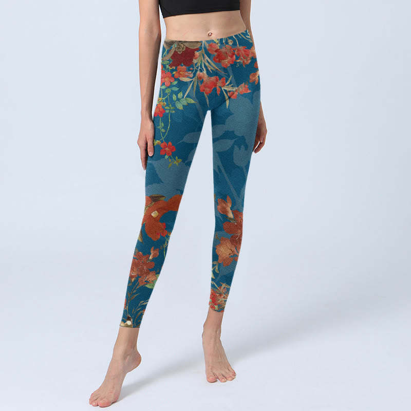 Blue Red Flowers Birds Print Gym Leggings Women's Yoga Pants