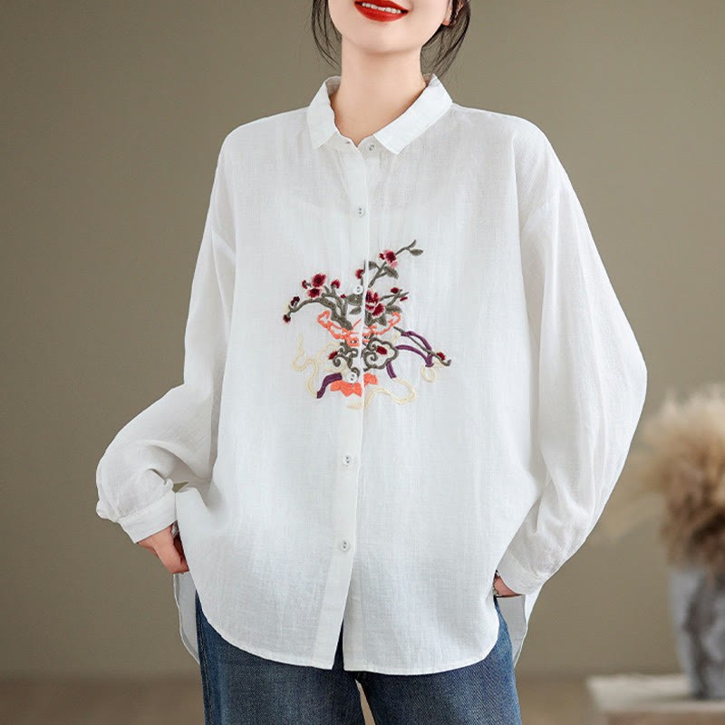 Flower Embroidery Long Sleeve Cotton Linen Women's Shirts