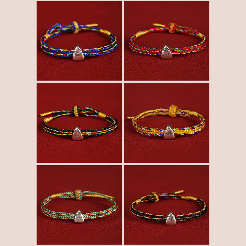 925 Sterling Silver Fu Character Luck Multicolored Rope Bracelet
