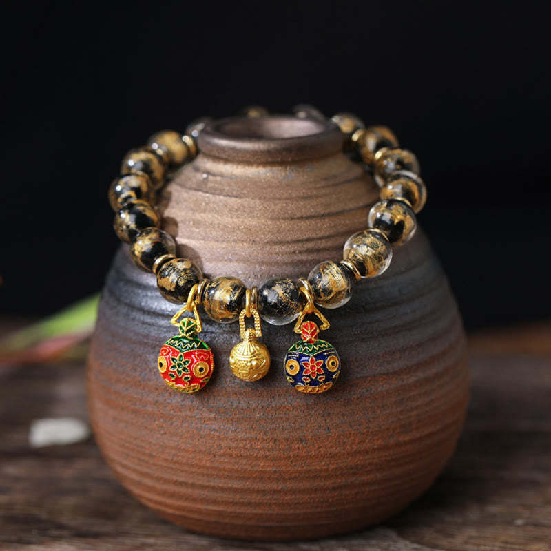 Gold Swallowing Beast Family Charm Gold Silver Foil Liuli Glass Bead Blessings Bracelet