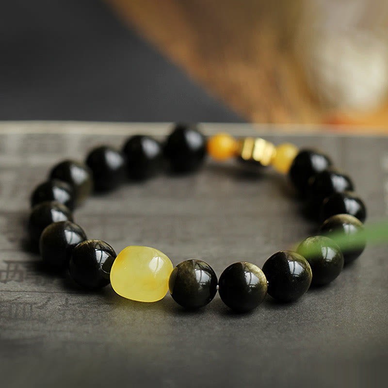 925 Sterling Silver Chinese Zodiac Natal mystic zen Natural Gold Sheen Obsidian Amber Wealth Protection Bracelet