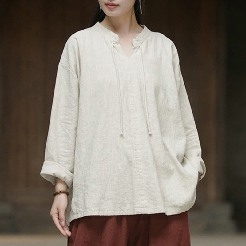 Retro Solid Color Long Sleeve Ramie Linen Women's Shirt