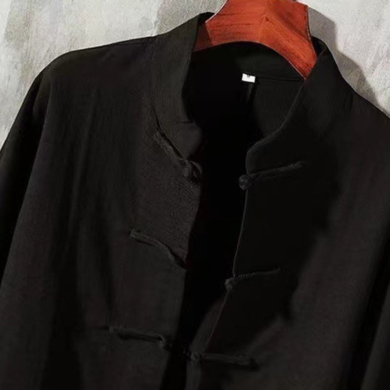 Men's Tang Long Sleeve Shirt Frog Button With Pocket Stand Collar Comfort Linen Shirt