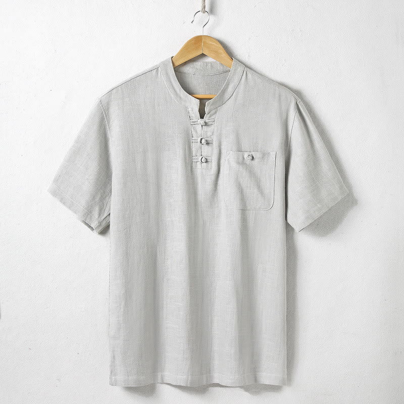 Loose Men's Shirt Solid Color Notched Neck Top Short Sleeve Comfy Button Breathable Cotton Linen Shirt