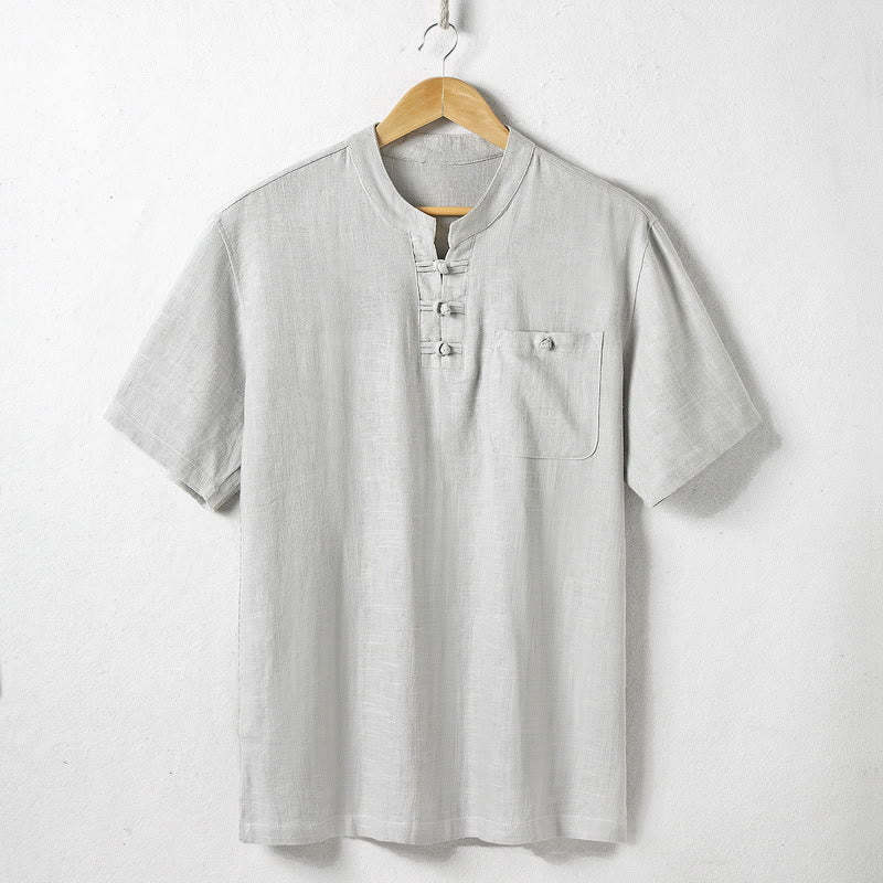 Loose Men's Shirt Solid Color Notched Neck Top Short Sleeve Comfy Button Breathable Cotton Linen Shirt
