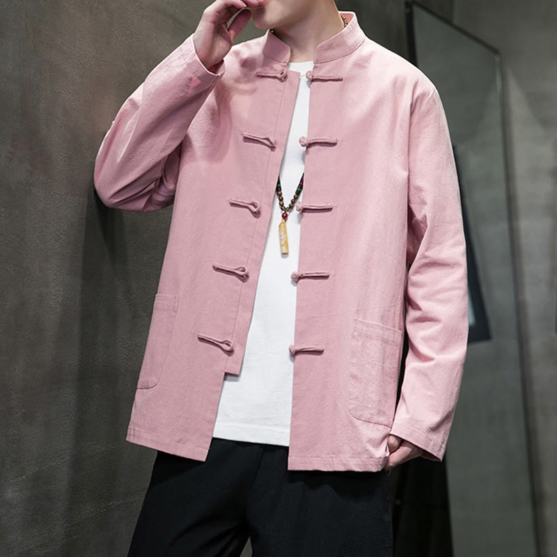 Solid Color Frog-button Tang Suit Cotton Linen Men's Jacket Shirt With Pockets