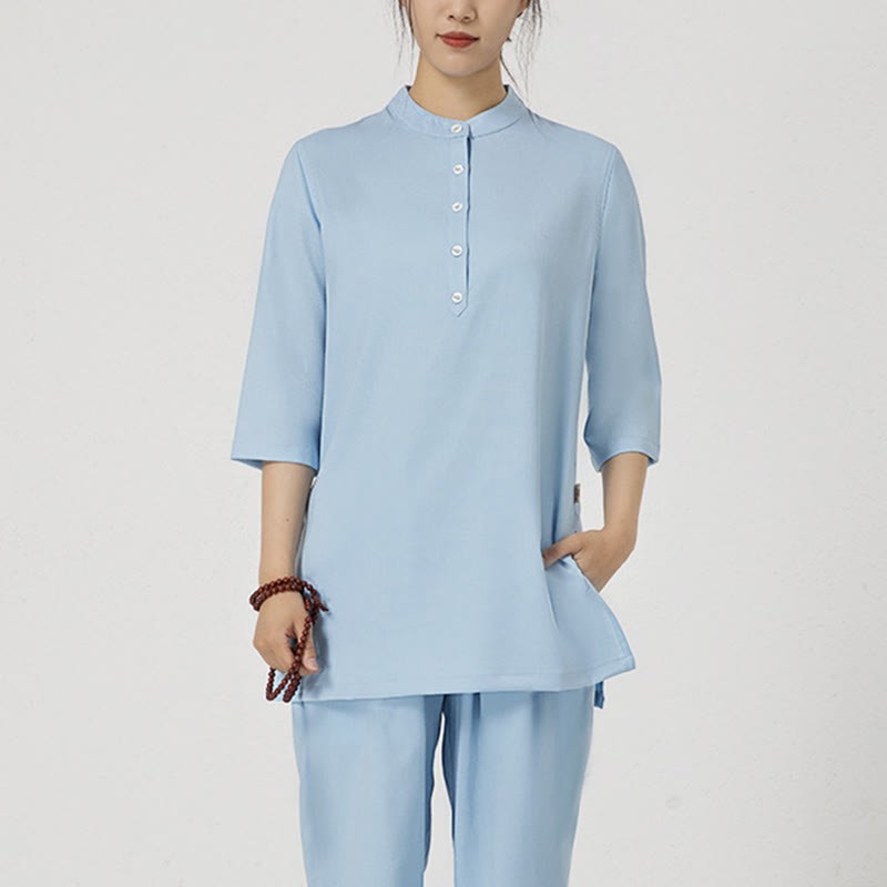 2Pcs Solid Color Three Quarter Shirt Top Pants Meditation Zen Tai Chi Cotton Linen Clothing Women's Set