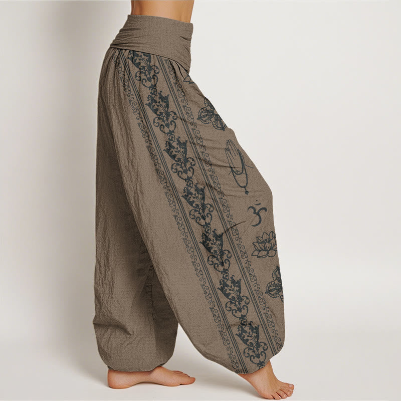 Lotus Flowers Double Dorje Vajra Namaste Om Design Women's Elastic Waist Harem Pants