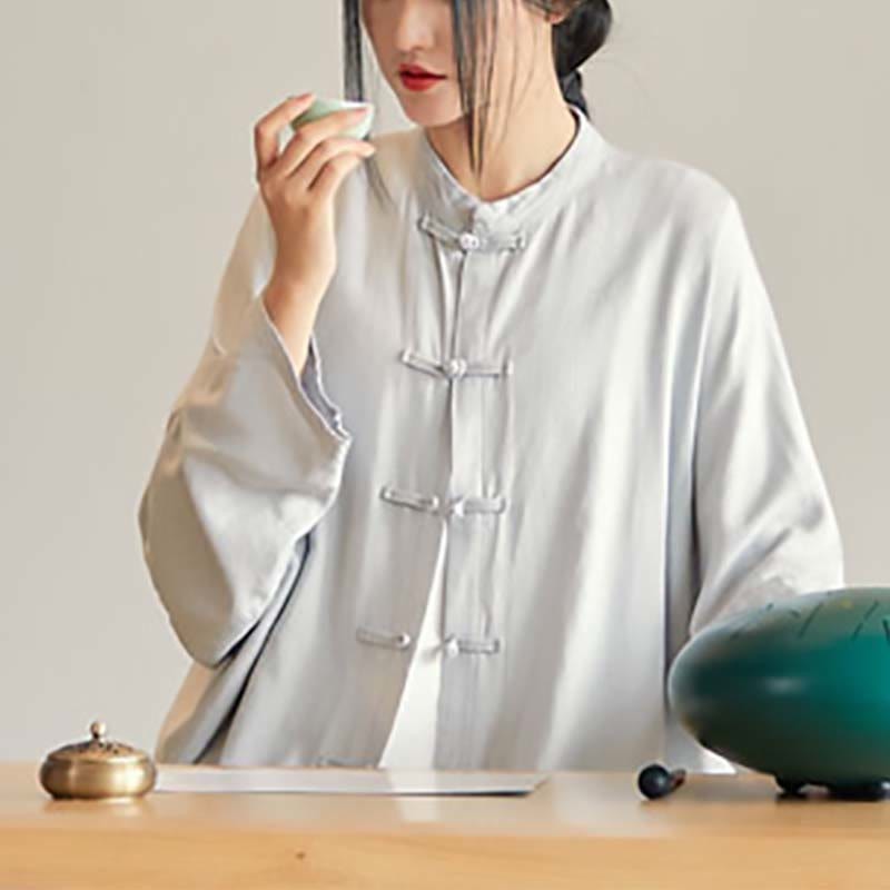 Plain Frog-Button Design Shirt Zen Tai Chi Meditation Top Clothing Cotton Linen Jacket