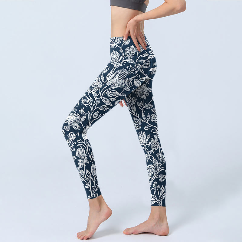 Dark Blue Flower Print Fitness Leggings Women's Yoga Pants