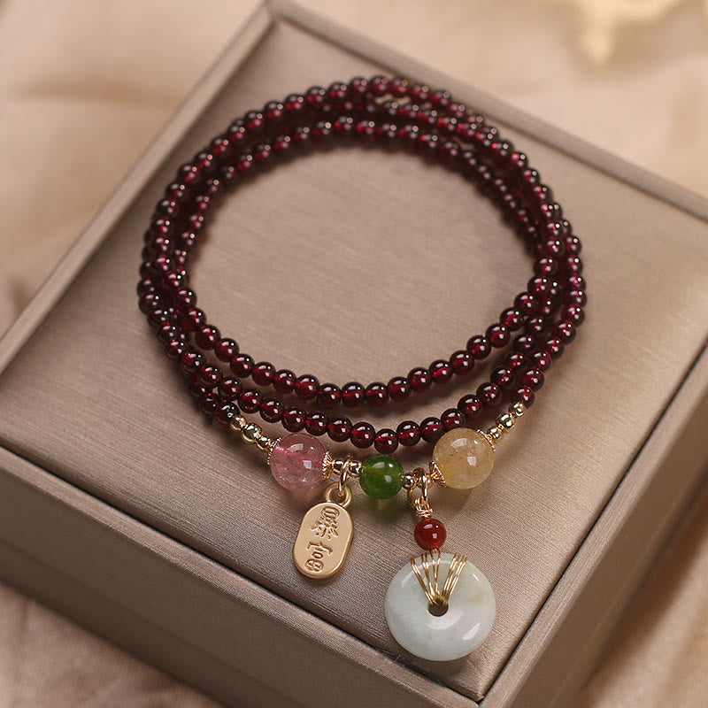 Natural Garnet Strawberry Quartz Crystal Fox Koi Fish Peace Buckle Fortune Protection Triple Wrap Bracelet