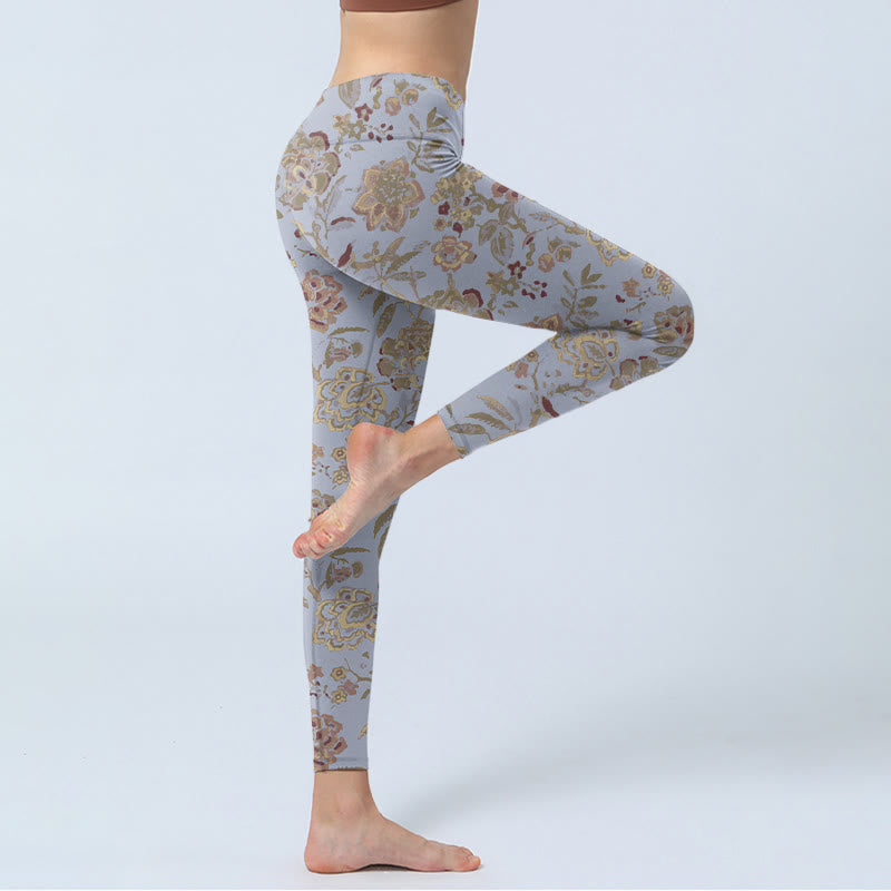 Grey Green Leaves Flowers Print Gym Leggings Women's Yoga Pants