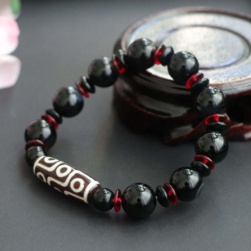 Black Onyx Nine-Eye Dzi Bead Wealth Protection Bracelet