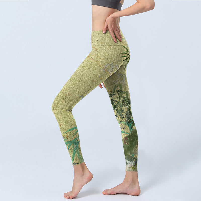 Bamboo Print Lycra Fabric Fitness Leggings Women's Yoga Pants