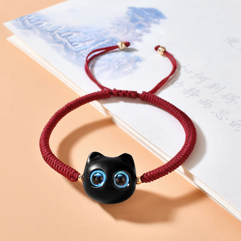 Ebony Wood Cat Head Pattern Peace King Kong Knot Braided Bracelet