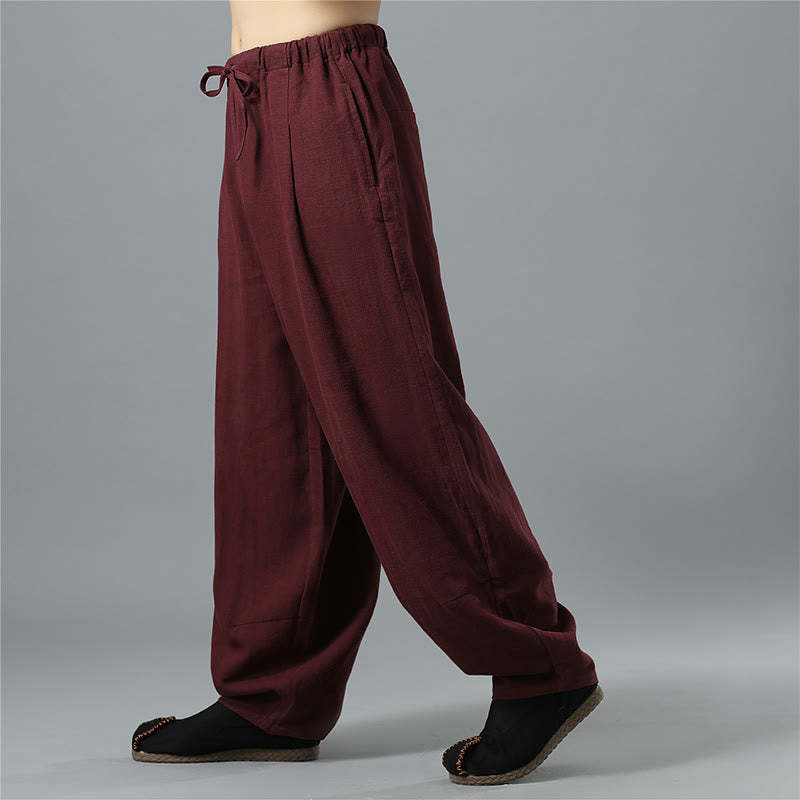 Casual Solid Color Drawstring Cotton Linen Men's Pants With Pockets