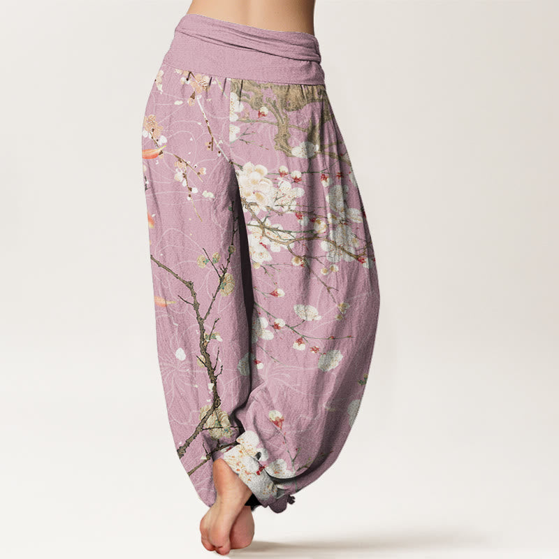 Casual White Plum Blossom Tree Trunk Women's Elastic Waist Harem Pants